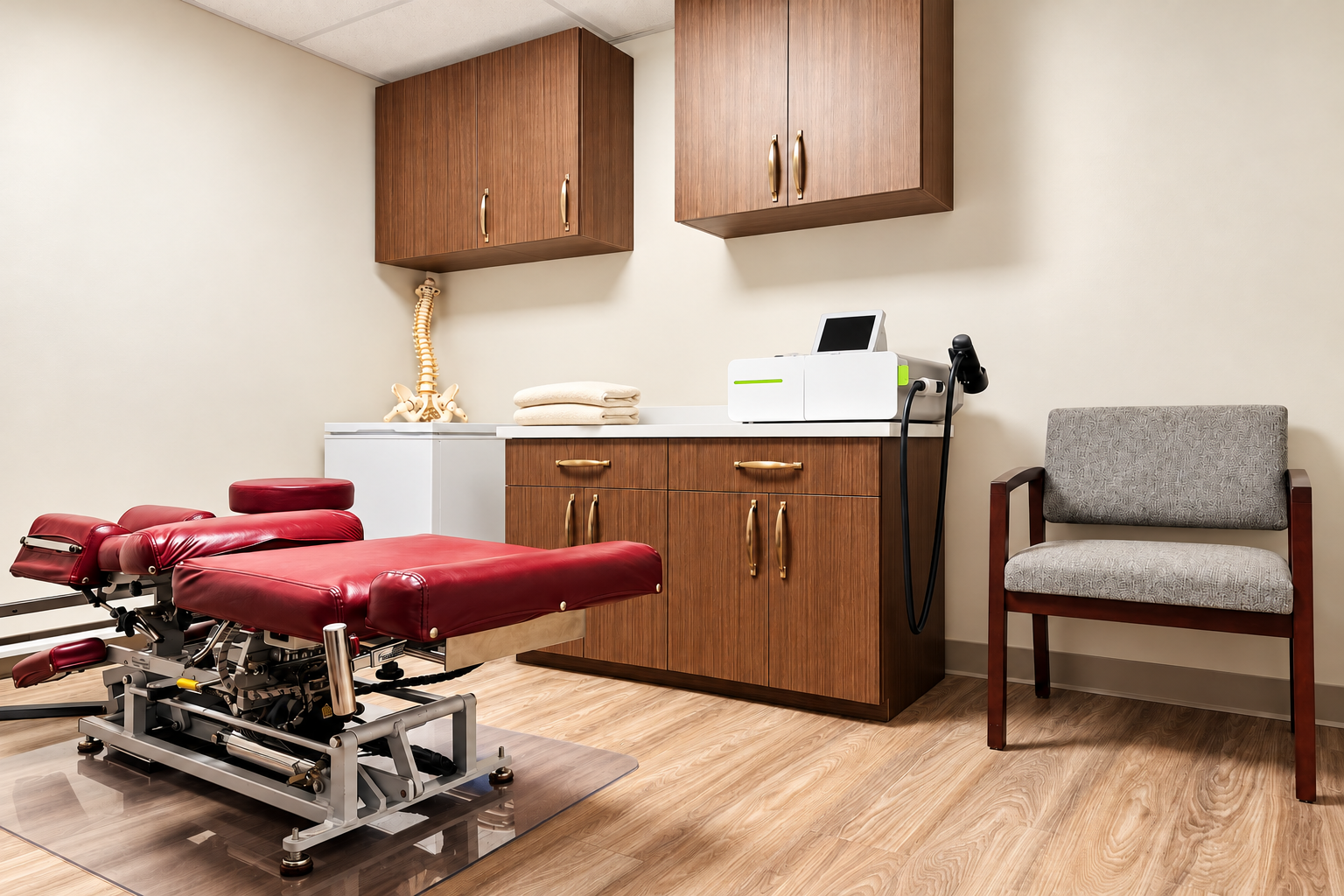 Cedar treatment room with chiropractic table and equipment — digitally enhanced office photograph